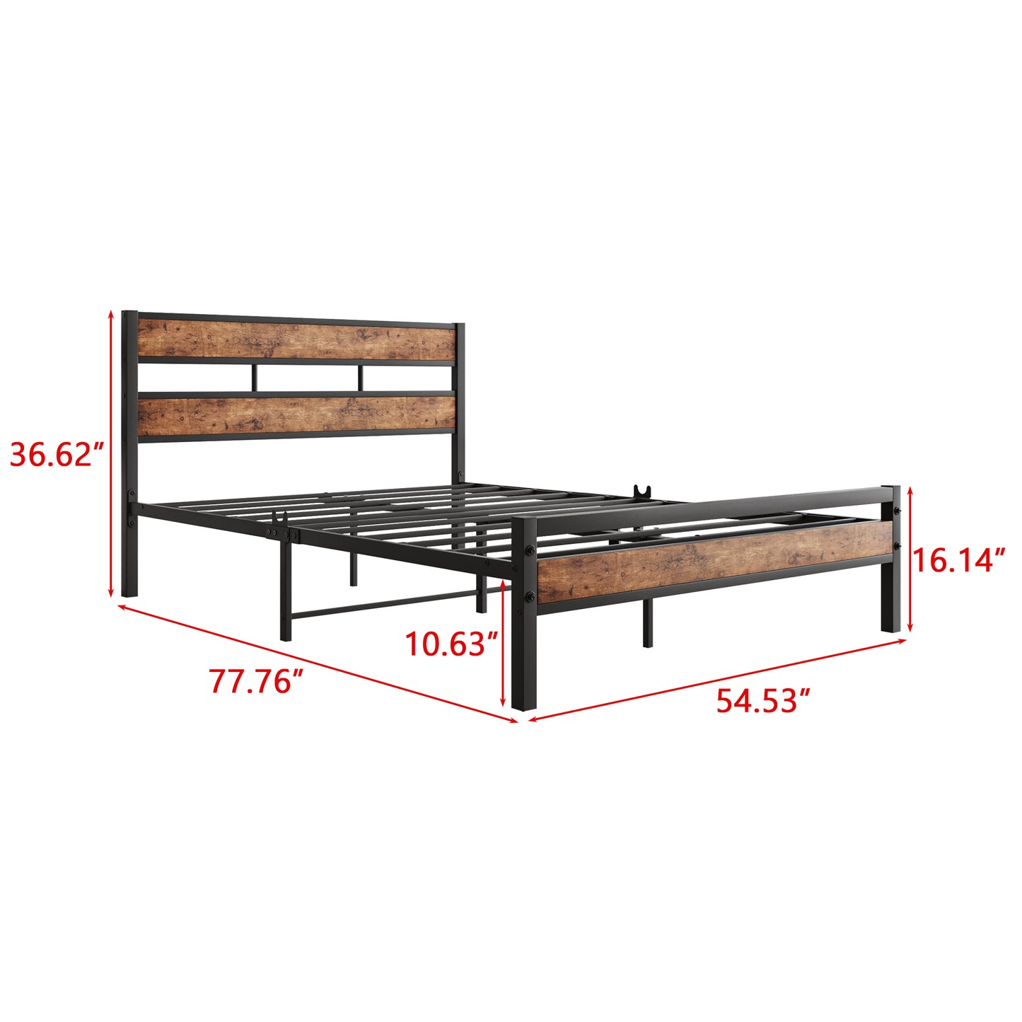 Cadre de lit plateforme pleine grandeur avec tête de lit en bois rustique vintage, support à lattes en métal solide, aucun sommier tapissier nécessaire