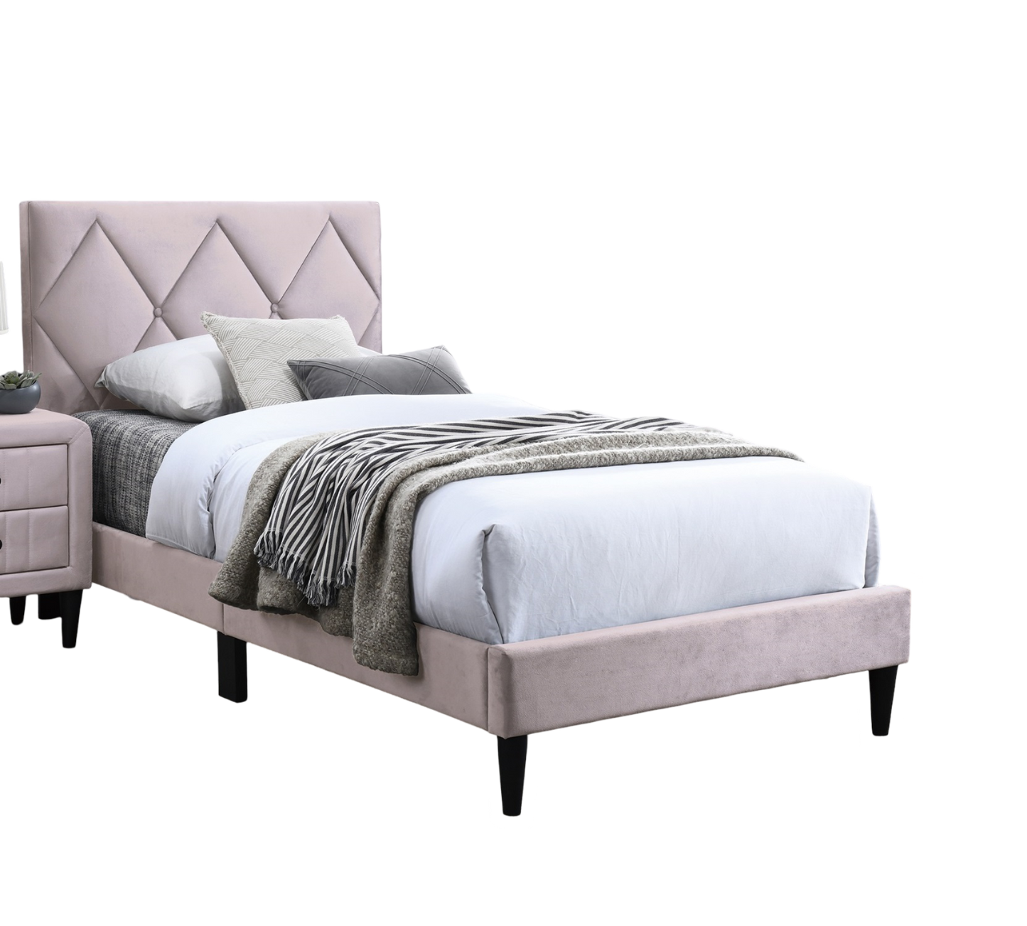 Full Size Bed w Adjustable Headboard 1pc Bedframe, Light Pink Velvet Upholstered Youth Bedroom Furniture