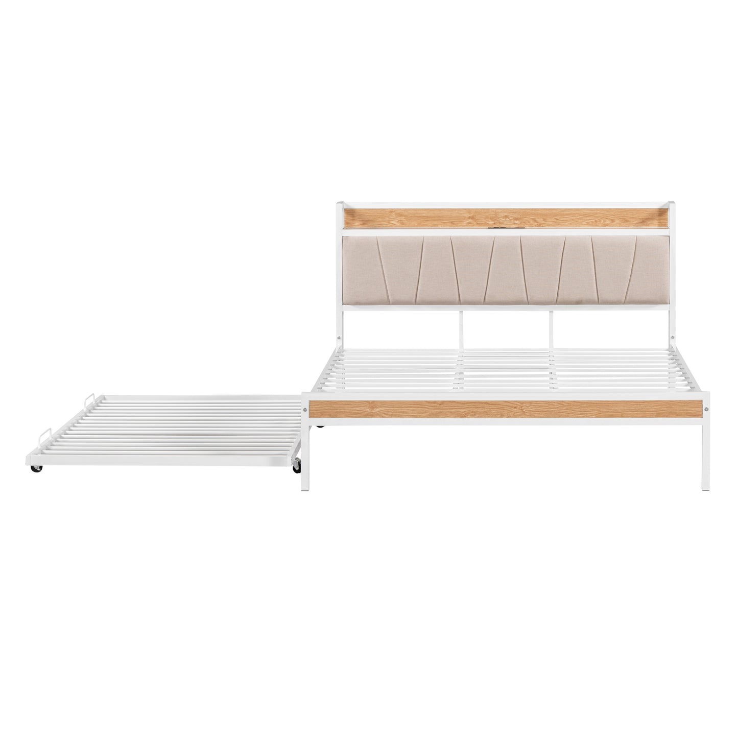 Queen Size Metal Platform Bed Frame with Twin size trundle, Upholstered headboard, Sockets, USB Ports and Slat Support, No Box Spring Needed, White