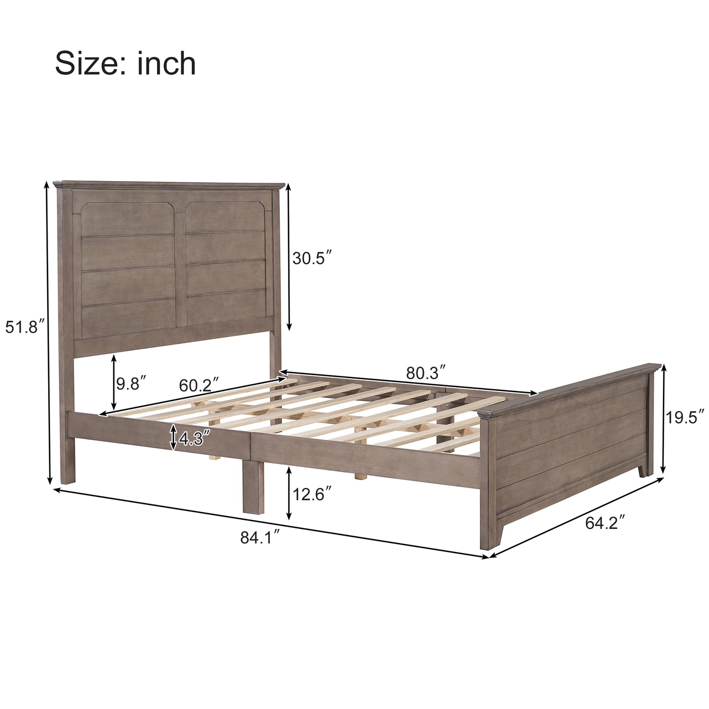 Farmhouse Wooden Platform Queen Size Bed with Panel Design Headboard and Footboard for Teenager, Ash Brown