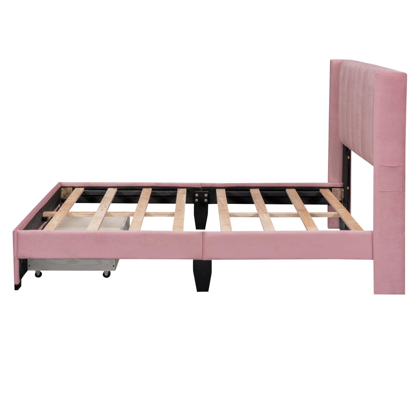 Full Size Storage Bed Velvet Upholstered Platform Bed with a Big Drawer - Pink