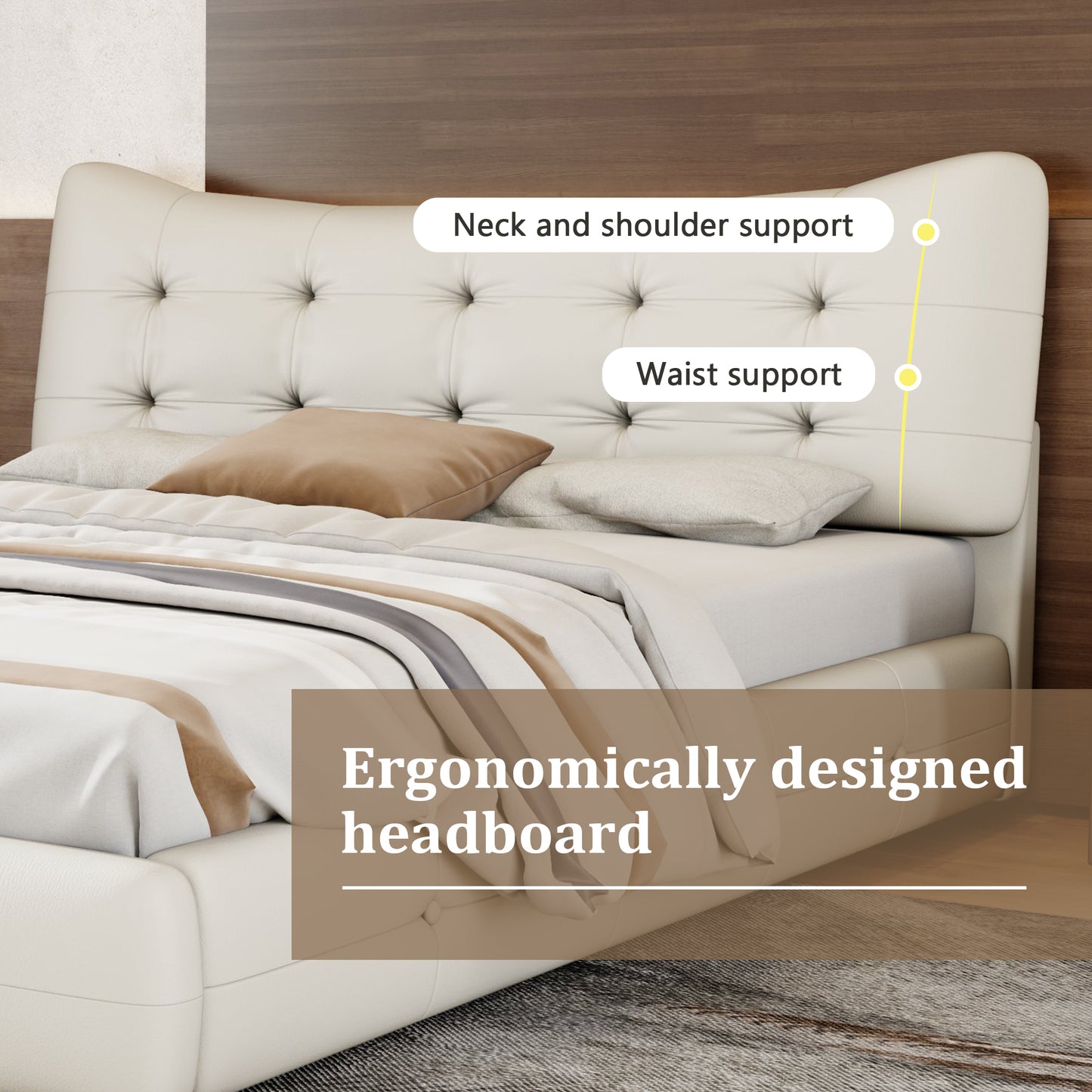 Modern PU Upholstered Queen Bed with Ergonomic Wingback Headboard, No Box Spring Needed, Cream