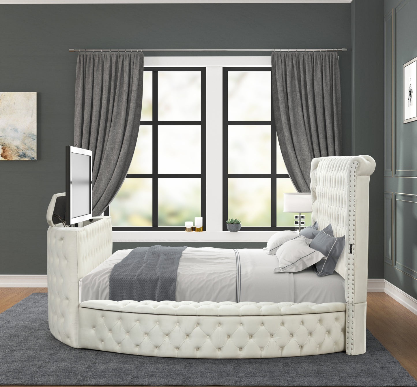 Modern Style Crystal Tufted Queen Bed  Made with wood in Cream