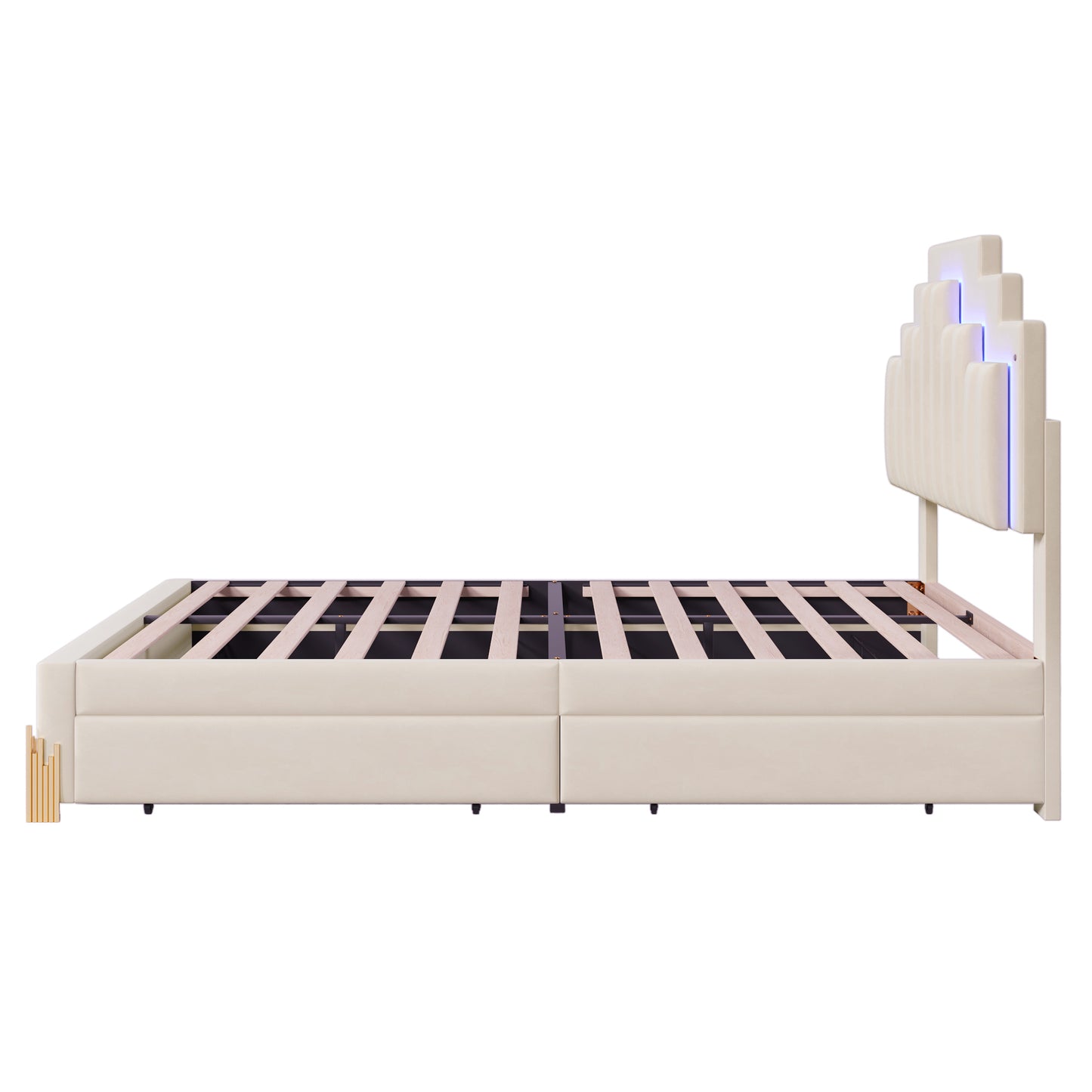 Full Size Upholstered Platform Bed with LED Lights and 4 Drawers, Stylish Irregular Metal Bed Legs Design, Beige