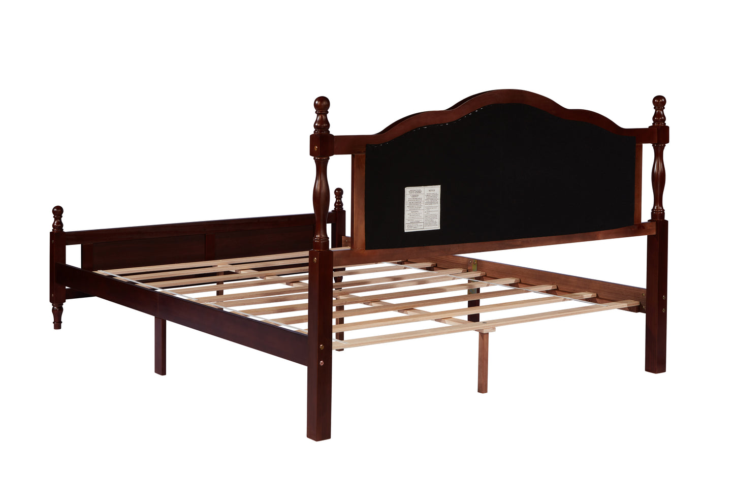 Queen Pine wooden Bed with Upholstered Headboard  and Panel Footboard, with  Two Bed Rail Support Feet and Central Platform Support Feet ,Classic Cherry