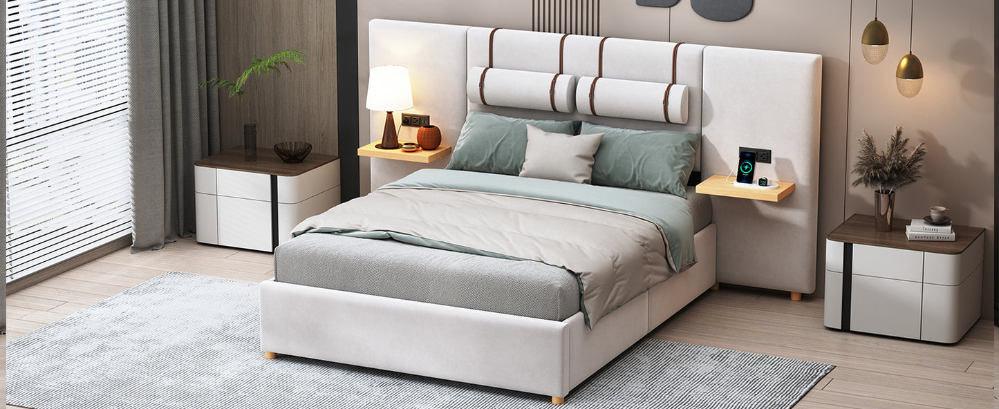 Full Size Upholstered Platform Bed, Two Outlets and USB Charging Ports on Both Sides, Two Bedside Pillows, Storage Shelves,Velvet,Beige