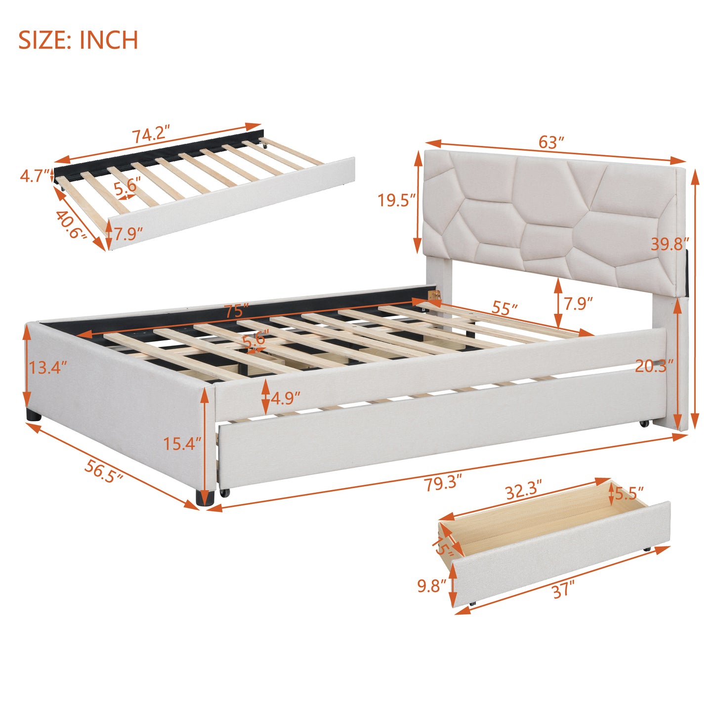 Full Size Upholstered Platform Bed with Brick Pattern Headboard, with Twin Size Trundle and 2 Drawers, Linen Fabric, Beige