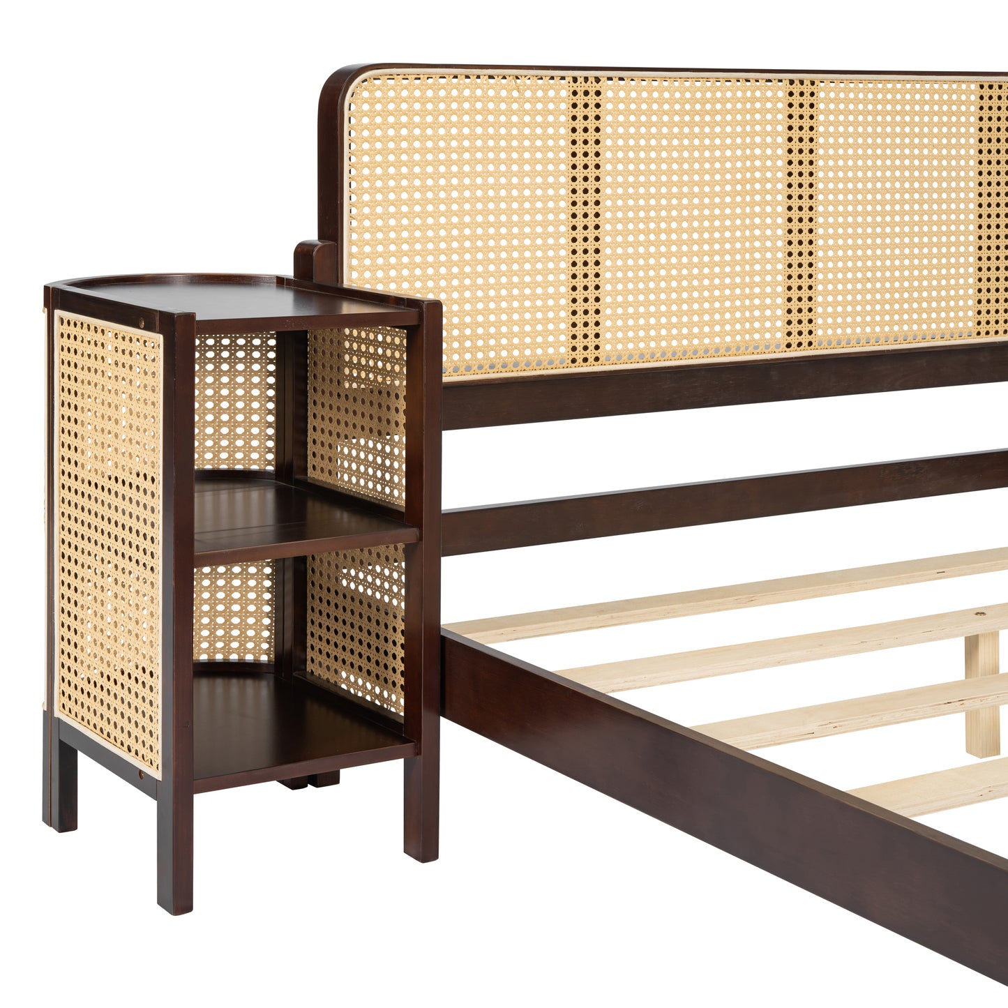 3 Pieces Rattan Platform Full Size Bed With 2 Nightstands,Walnut