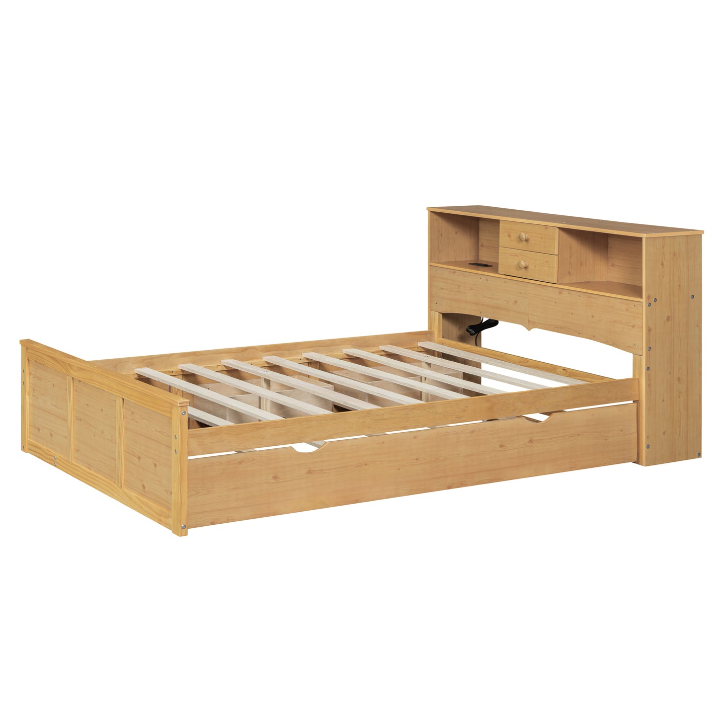 Full Size Wood Pltaform Bed with Twin Size Trundle, 3 Drawers, Upper Shelves and a set of USB Ports & Sockets, Natural