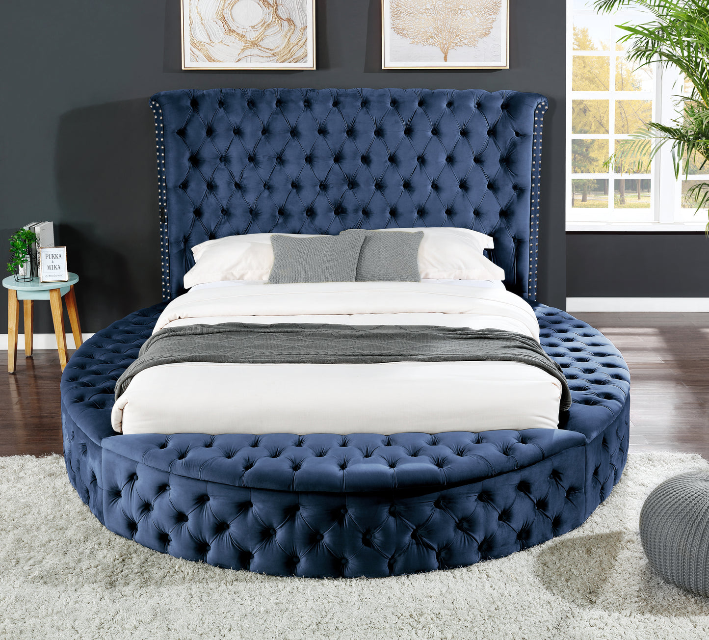 Queen Size Tufted Storage Bed made with Wood in Blue