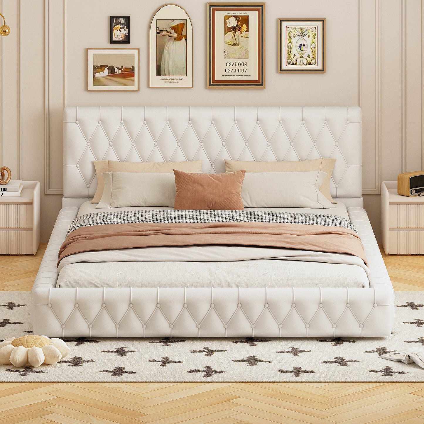 Queen Size Upholstered Bed with Tufted Headboard, Modern Velvet Platform Bed , No Box Spring Required, White