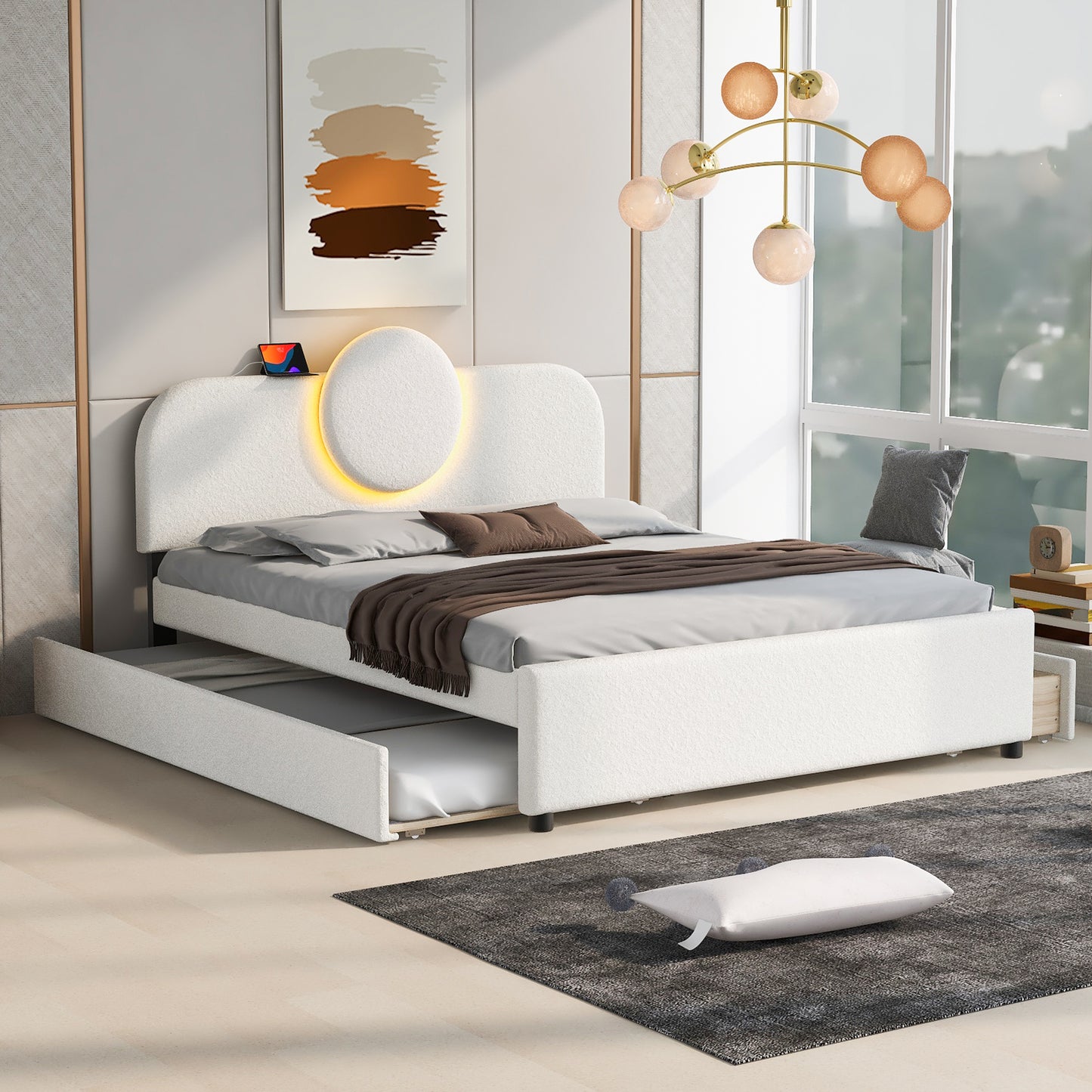 Queen Size Upholstered Platform Bed with Multi-functional Headboard, Trundle and 2 Drawers, White