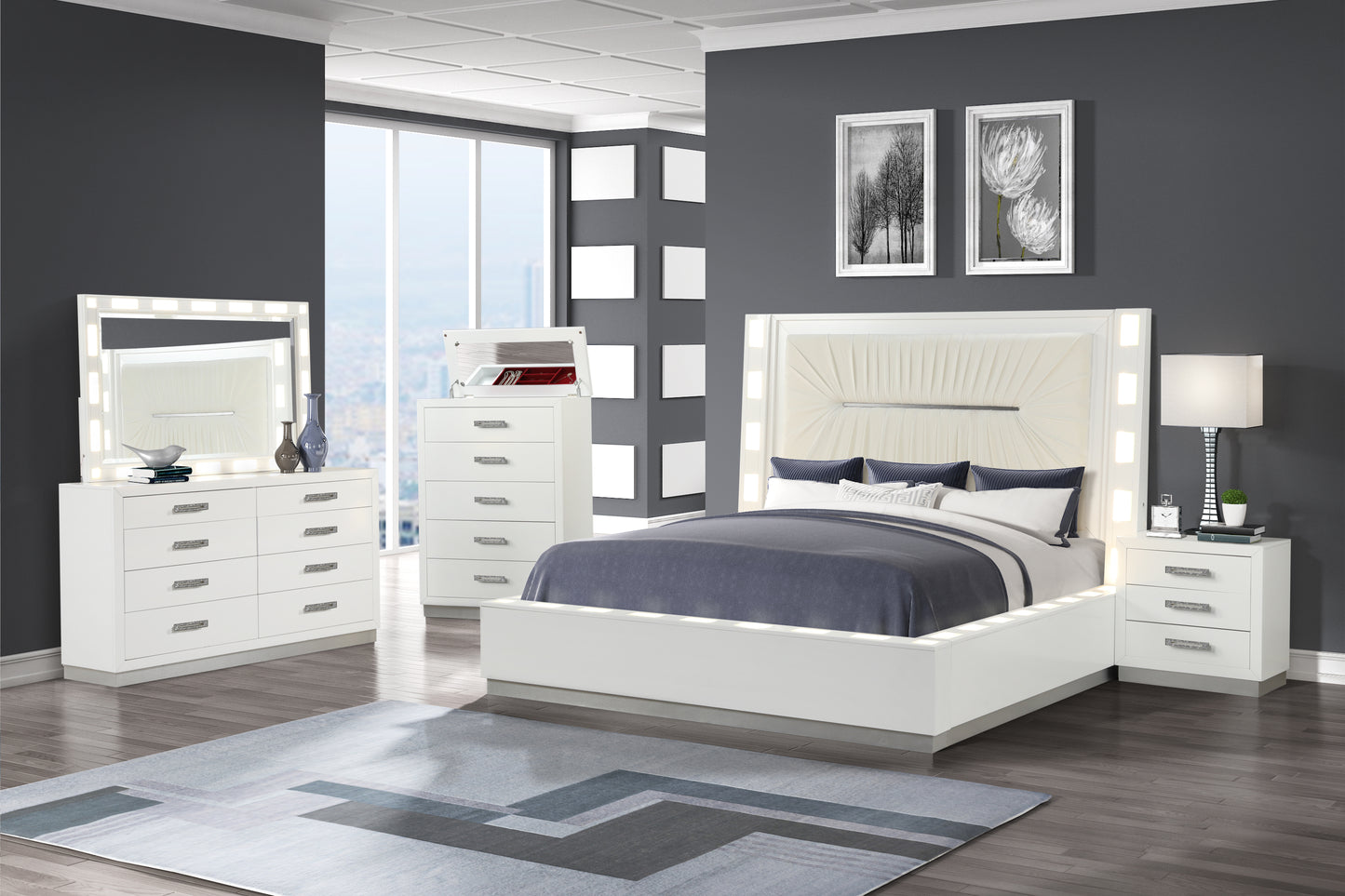 Queen 5 Pc LED Bedroom Set Made with Wood in Milky White