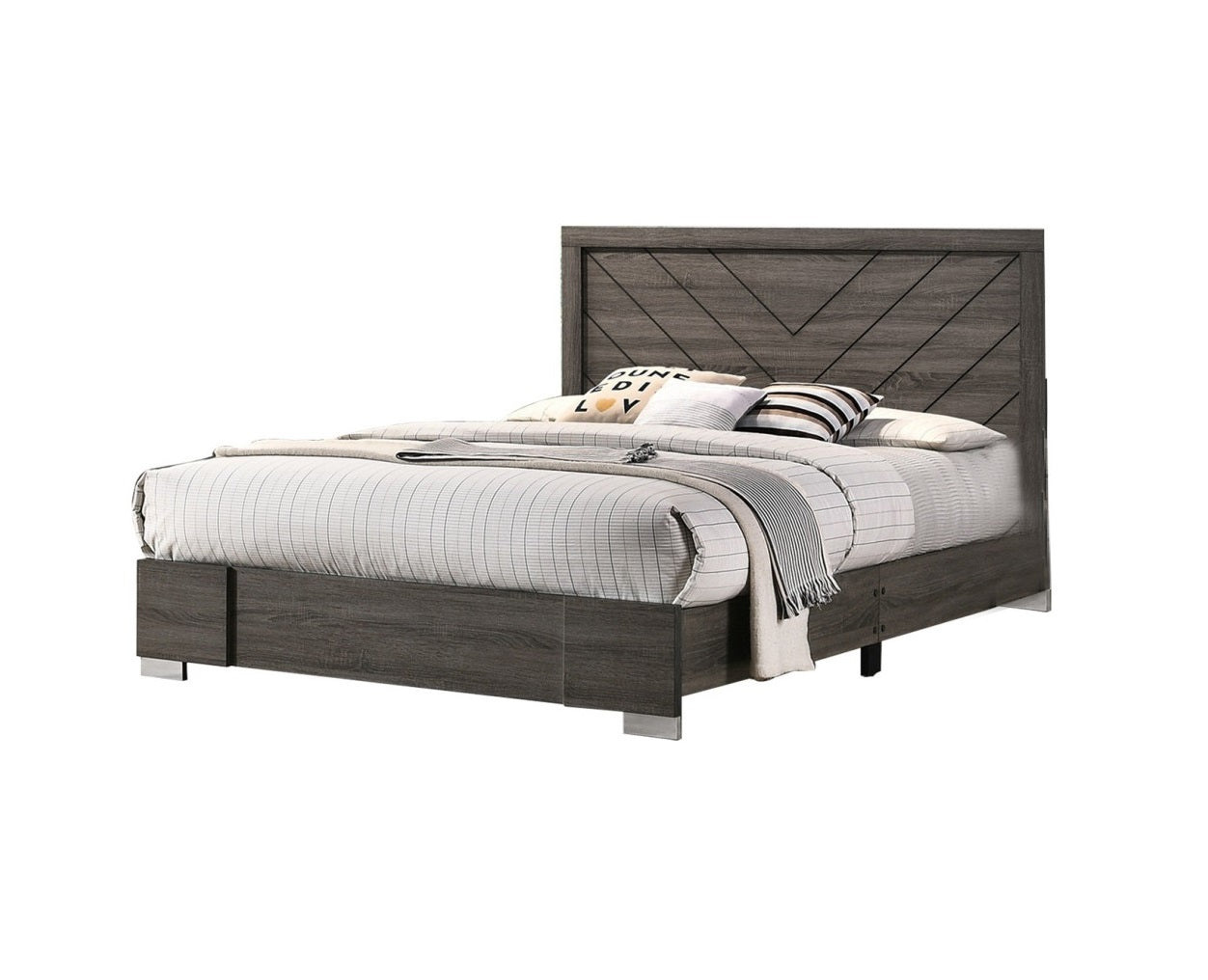 Contemporary Grey Finish Unique Queen Size Bed 1pc Bedroom Furniture Unique Lines Headboard Wooden