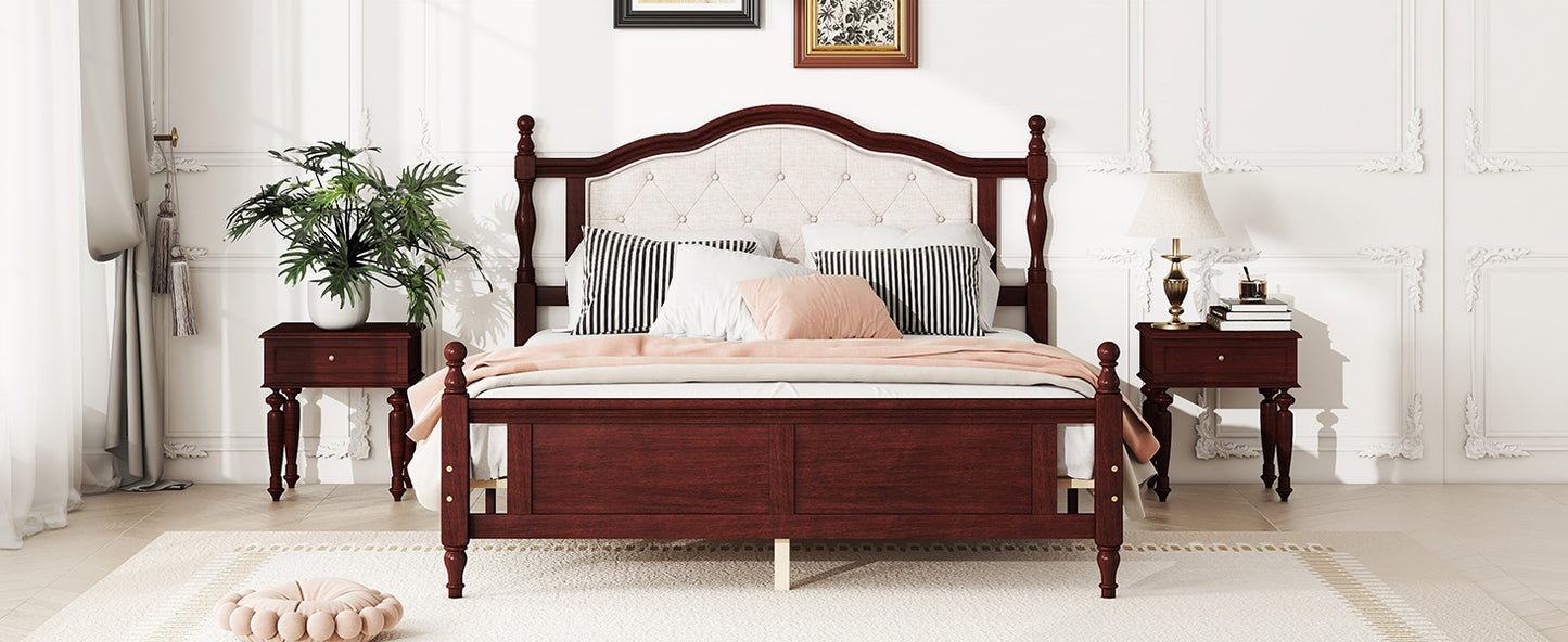 Queen Pine wooden Bed with Upholstered Headboard  and Panel Footboard, with  Two Bed Rail Support Feet and Central Platform Support Feet ,Classic Cherry