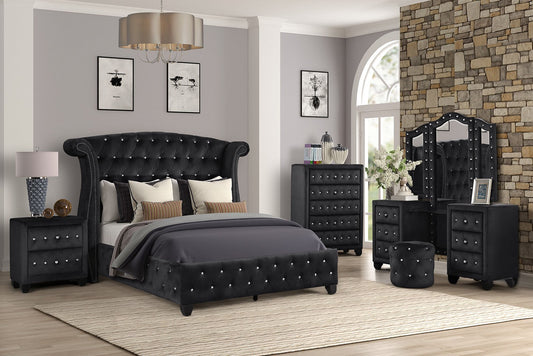 Queen 5 Pc Vanity Upholstery Bedroom Set Made With Wood in Black