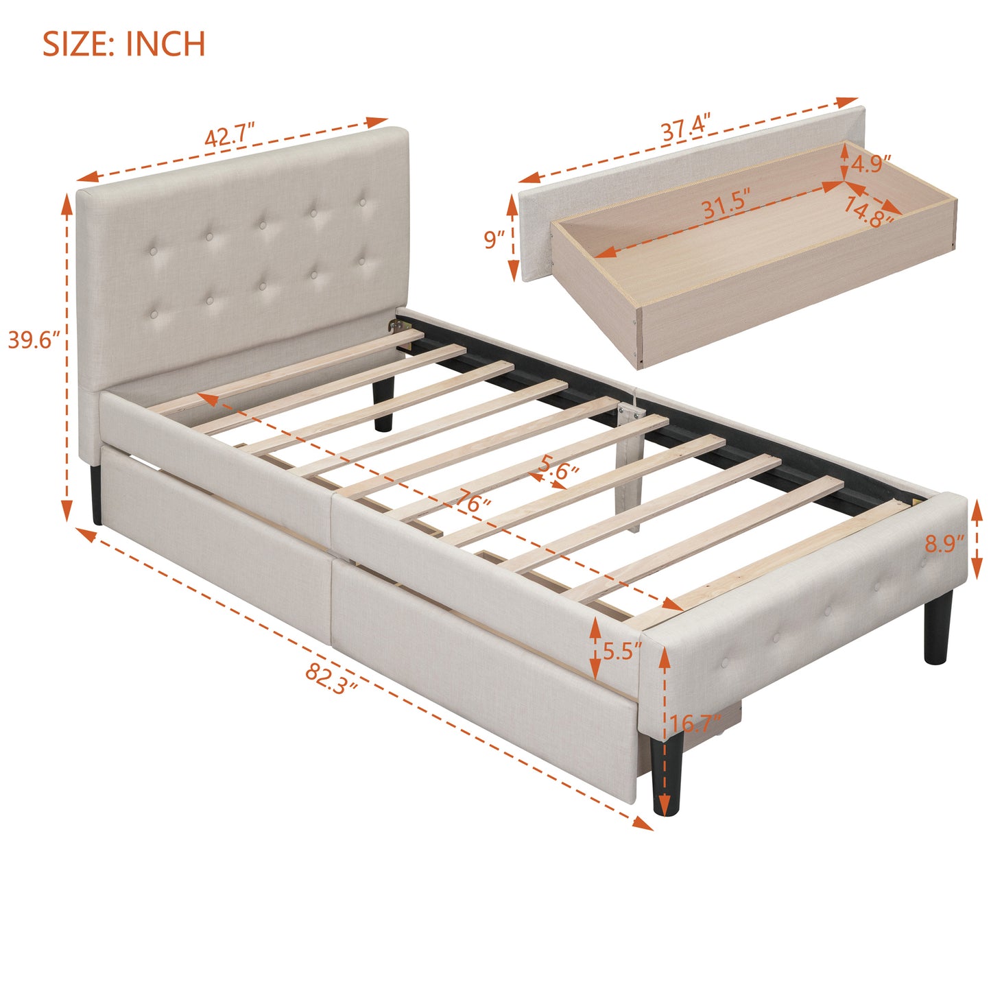 Lit plateforme rembourré simple avec 2 tiroirs, beige