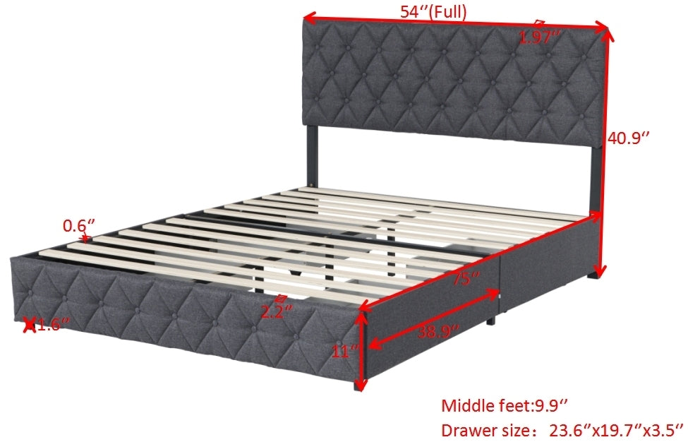 Marco de cama con plataforma tapizada de tamaño completo con 4 cajones de almacenamiento, cabecero de lino ajustable, soporte de listones de madera, no necesita somier, fácil montaje, gris