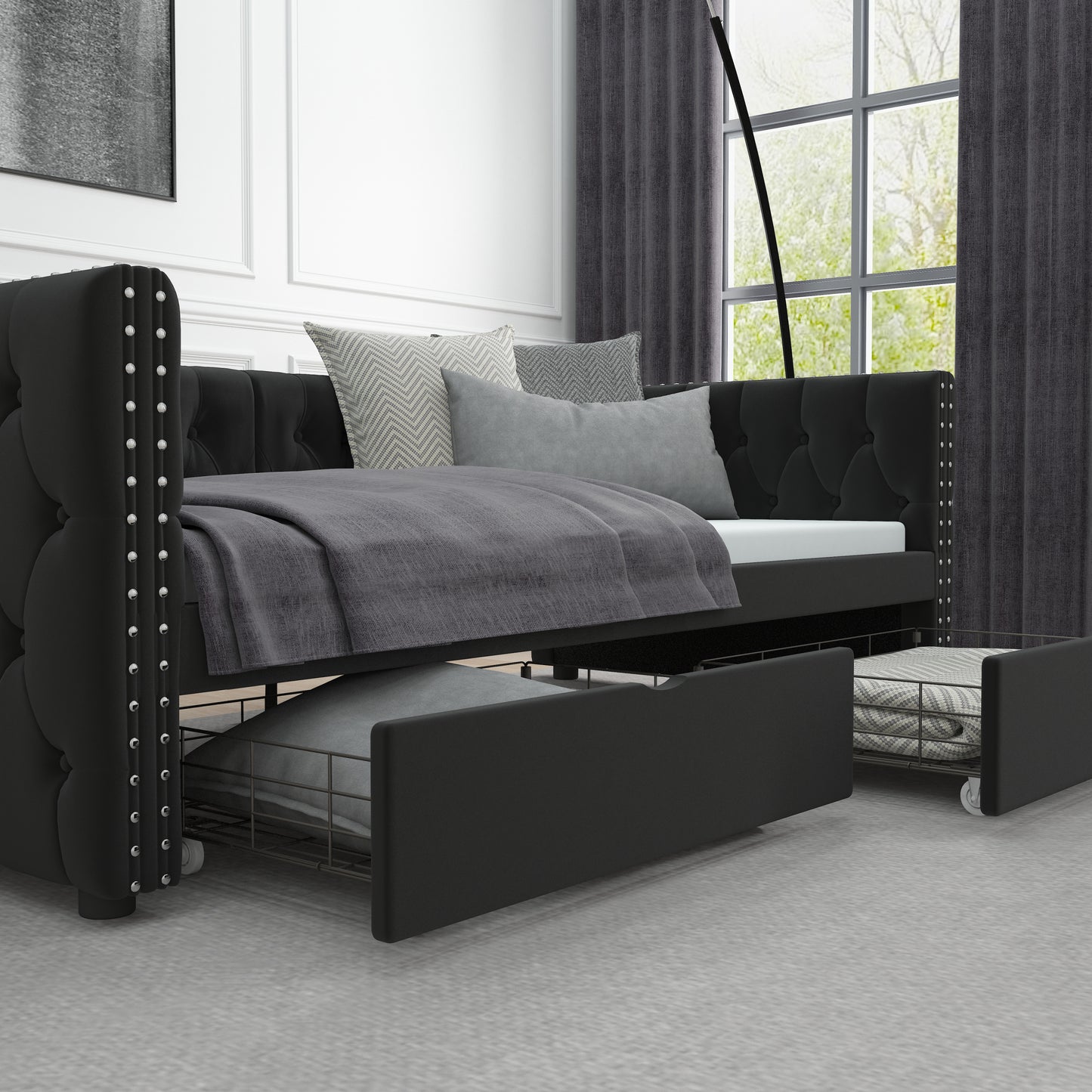 Twin Size Daybed with Drawers Upholstered Tufted Sofa Bed, with Button on Back and Copper Nail on Waved Shape Arms, velvet(79.5"x41.5"x26.5")