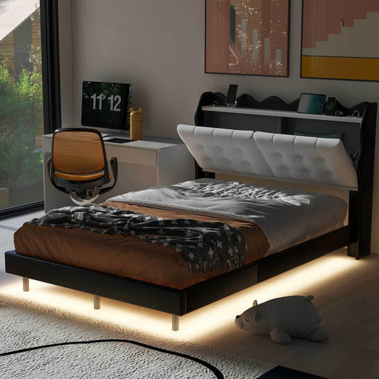 Full Size Upholstery Platform Bed Frame with LED Light Strips and Built-in Storage Space,Black