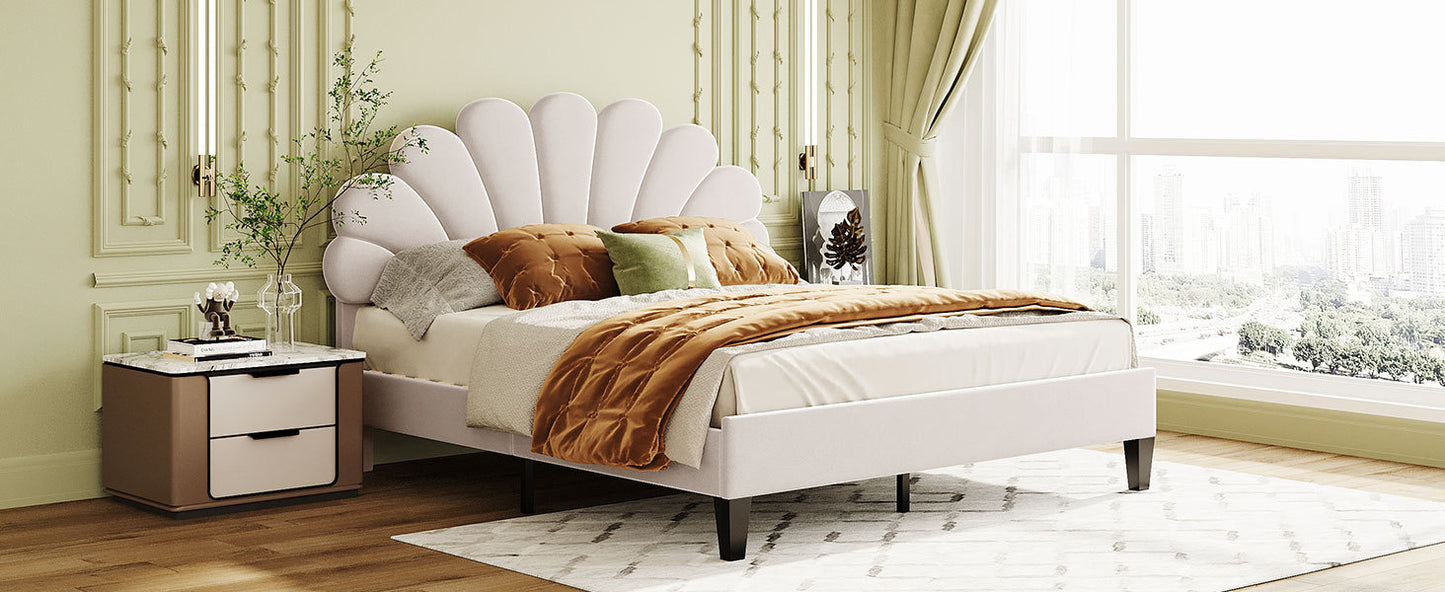 Queen Size Upholstered Platform Bed with Flower Pattern Velvet Headboard, Beige