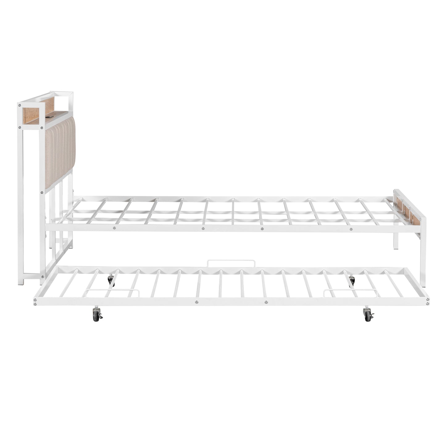 Queen Size Metal Platform Bed Frame with Twin size trundle, Upholstered headboard, Sockets, USB Ports and Slat Support, No Box Spring Needed, White