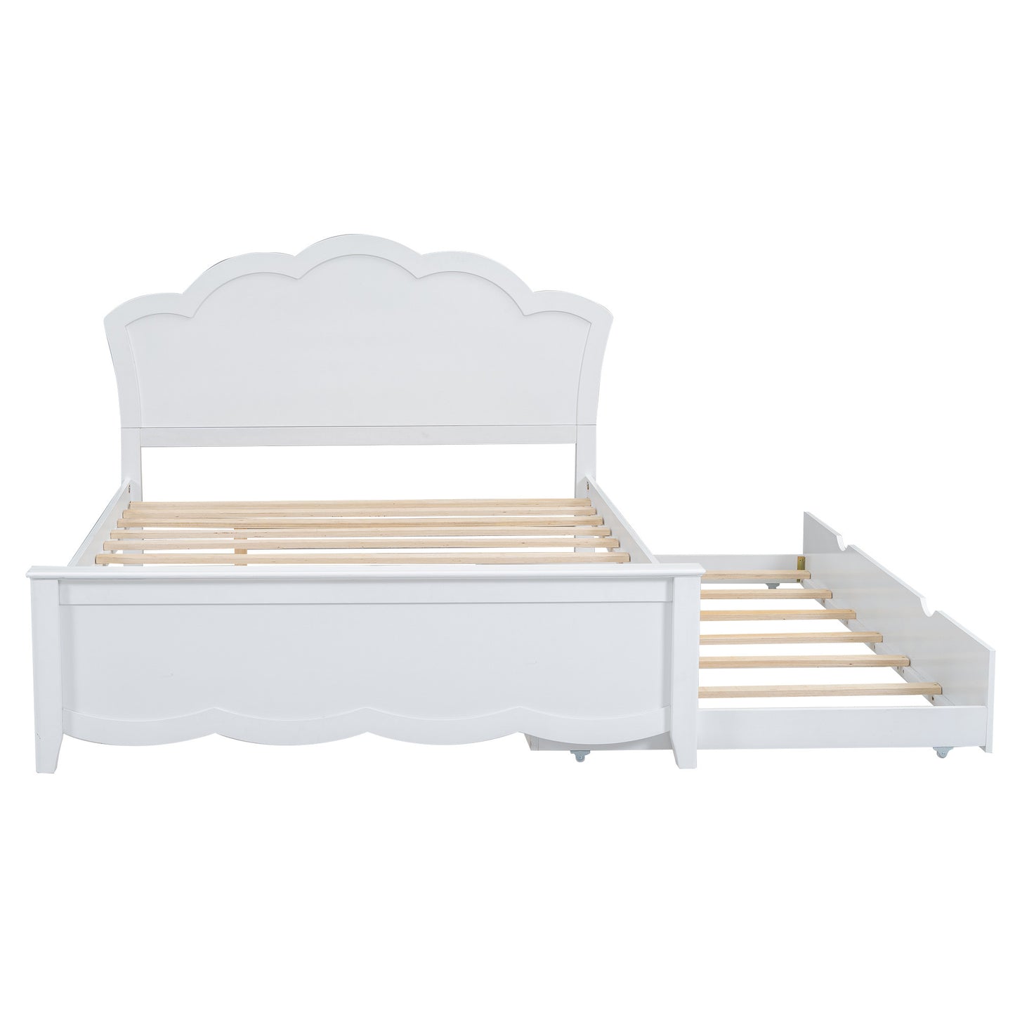 Full Size Wood Platform Bed with Headboard and Twin Size Trundle, White