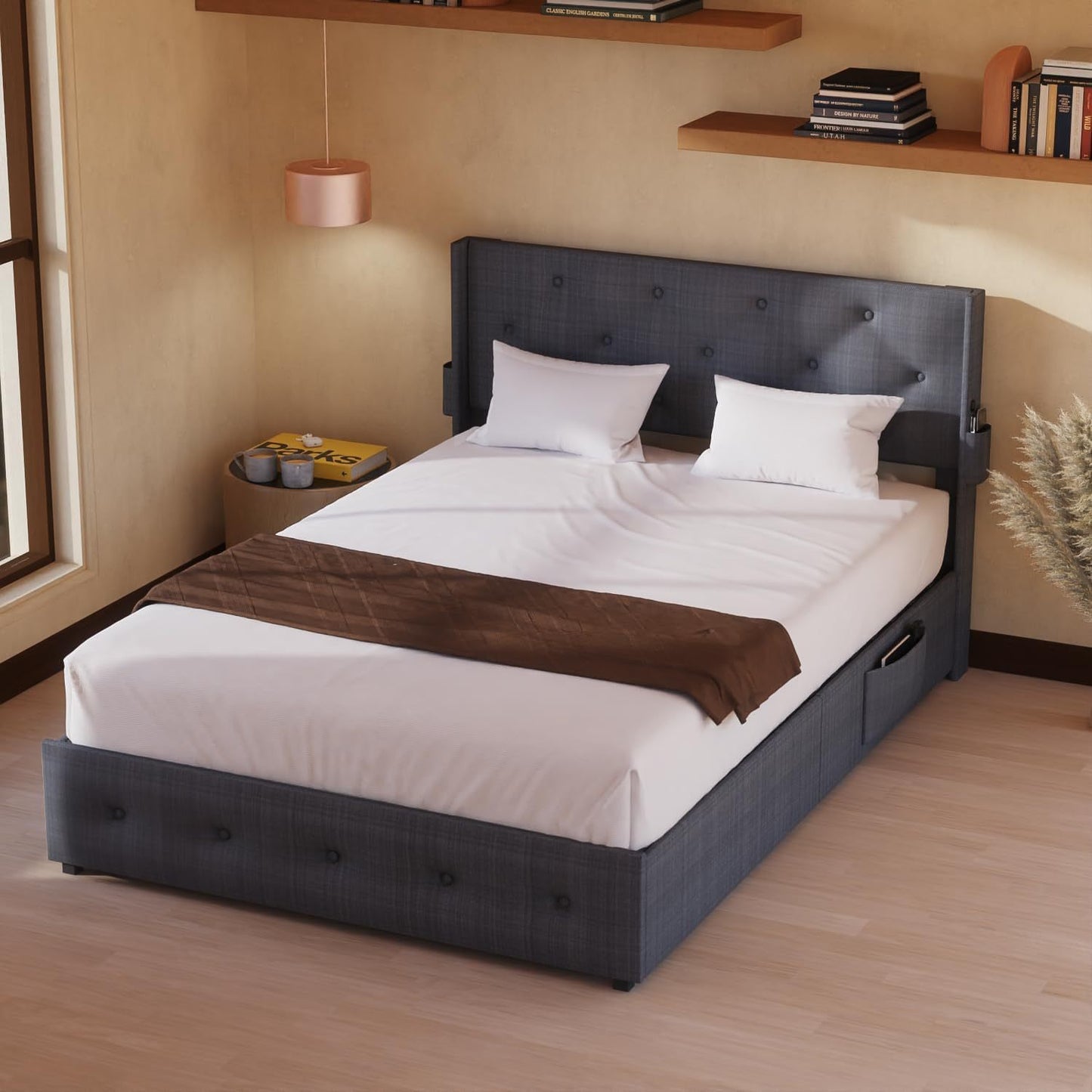 Full Size Bed Frame with Gas Lift Storage Bed with Modern Wingback Headboard, USB Ports