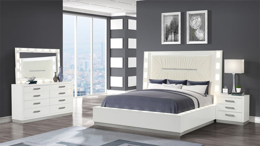 Queen 4 Pc LED Bedroom Set Made with Wood in Milky White