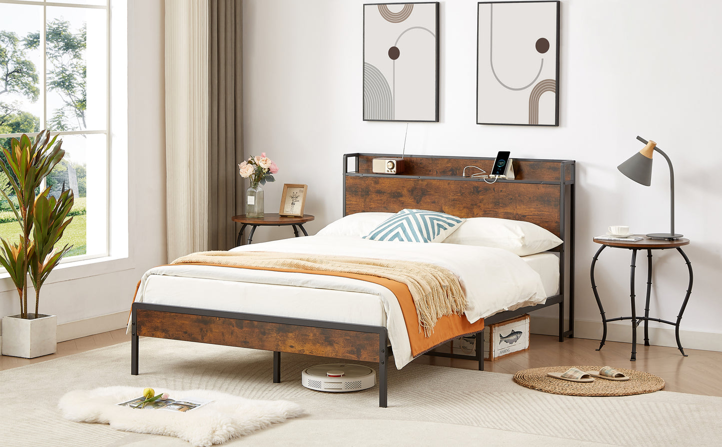 Bed frame with charging station full size, Rustic Brown, 83.1'' L x 56.1'' W x 39'' H