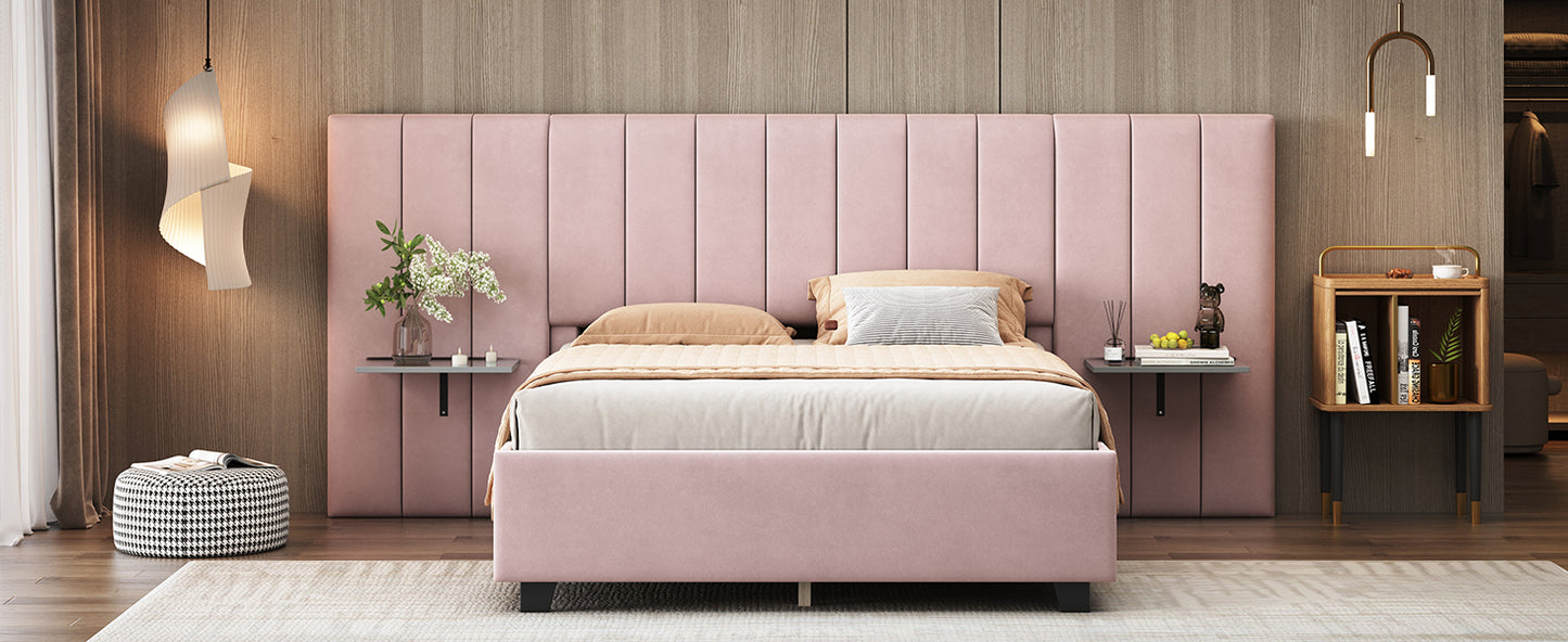 Full Size Upholstered Platform Bed with Big Headboard, Bedroom Furniture, Velvet, Pink