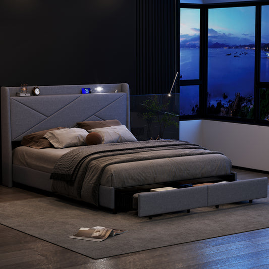 Queen Size Upholstery Platform Bed with Storage Headboard, LED, USB Charging and 2 Drawers, Gray