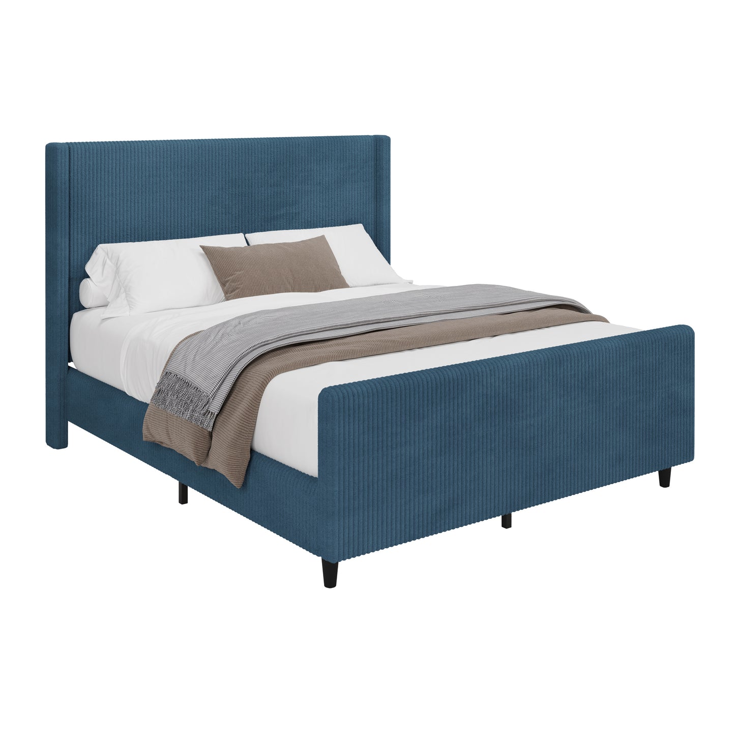 50.7'' High Headboard Corduroy Upholstered Bed Frame with Vertical Stripe Wingback and High Footboard No Box Spring Needed, Queen Size, Blue