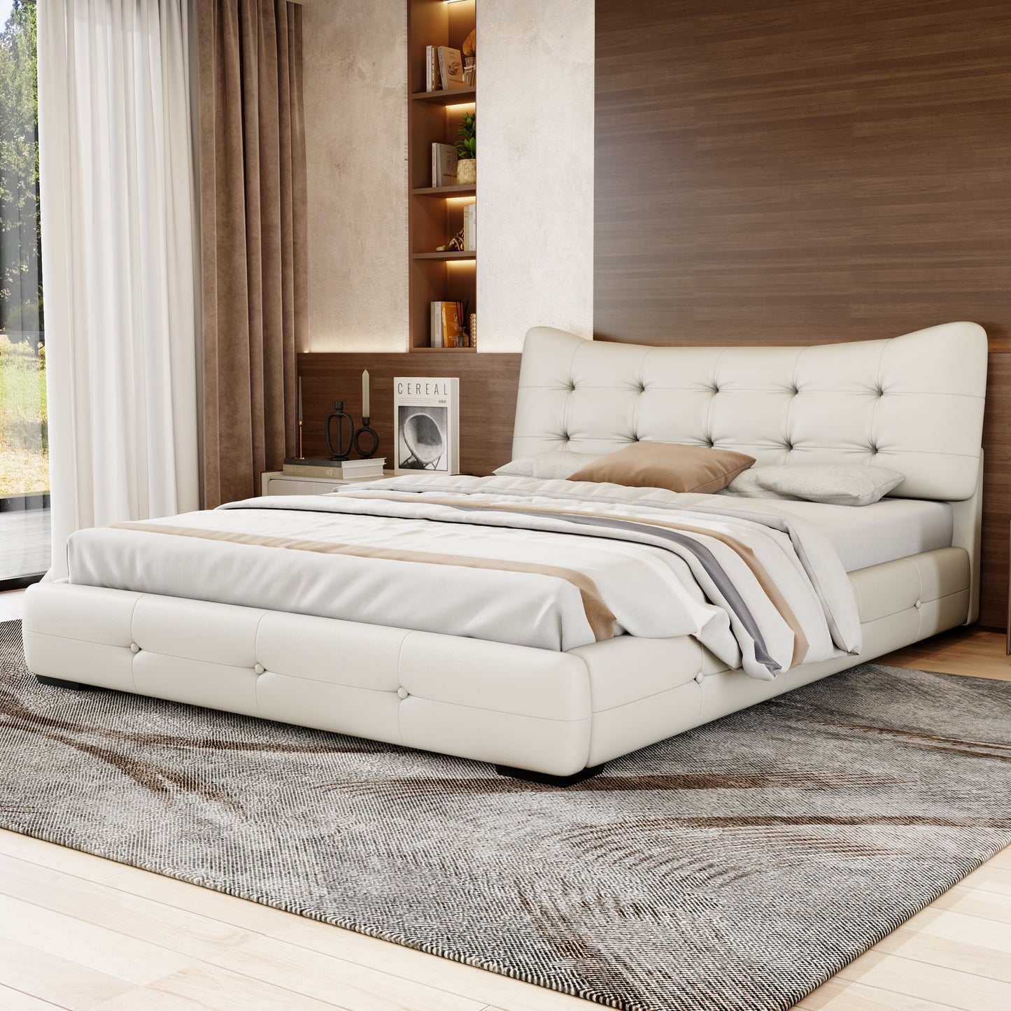 Modern PU Upholstered Queen Bed with Ergonomic Wingback Headboard, No Box Spring Needed, Cream