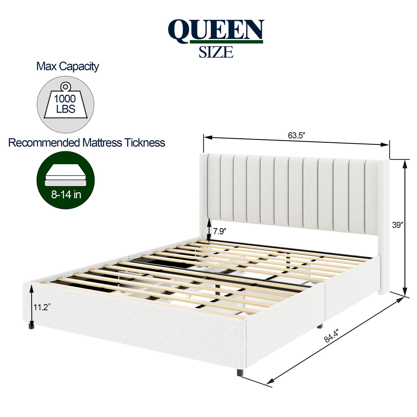 Igual que B083119691 Cama Queen Size Anda tapizada en bouclé color marfil con 4 cajones de almacenamiento patentados, cabecera con mechones, soporte de colchón con listones de madera, no necesita somier