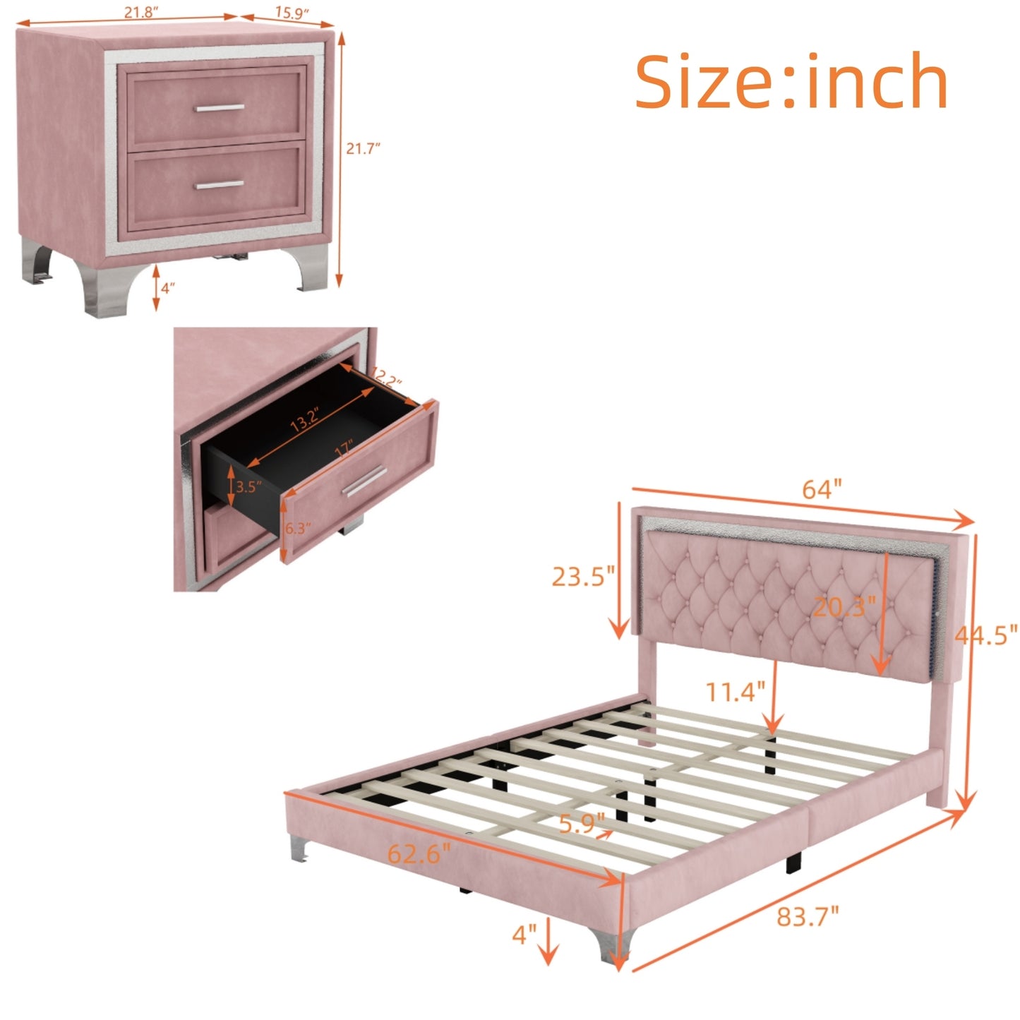 Juego de dormitorio de 3 piezas, cama tamaño queen tapizada con plataforma, luces LED y dos mesitas de noche, color rosa