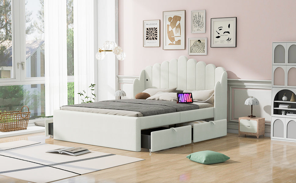 Full Size Upholstered Platform Bed with 4 Drawers and 2 USB, Beige