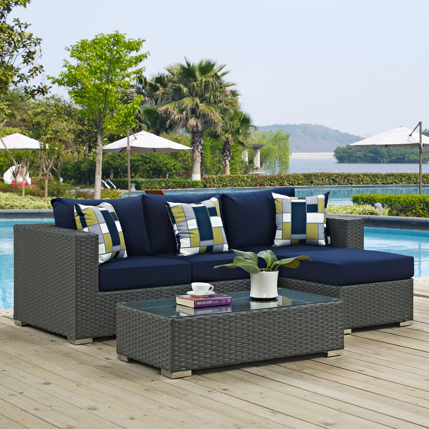 Conjunto de tres piezas para patio exterior Sunbrella® Sojourn de Modway