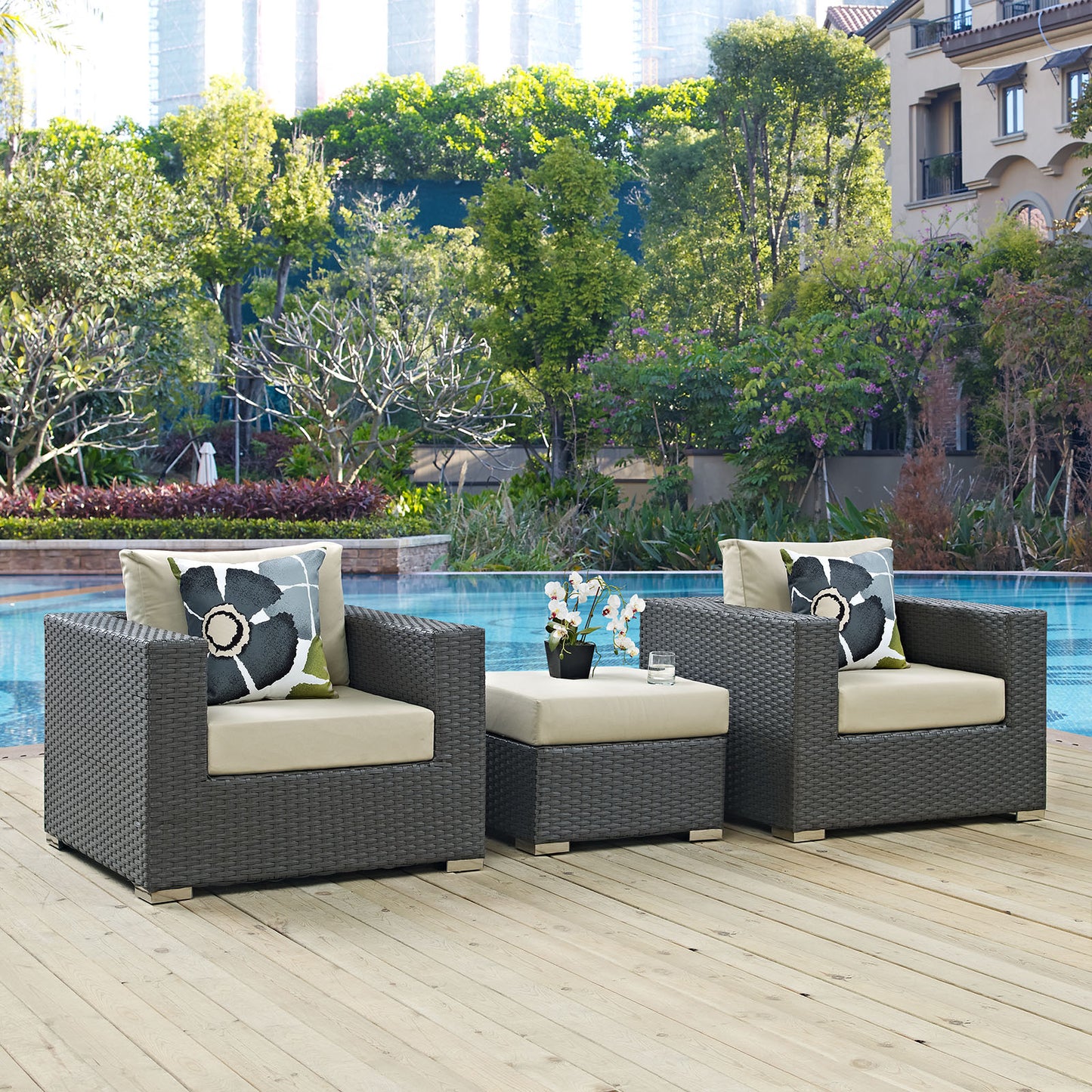 Conjunto de tres piezas para patio exterior Sunbrella® Sojourn de Modway