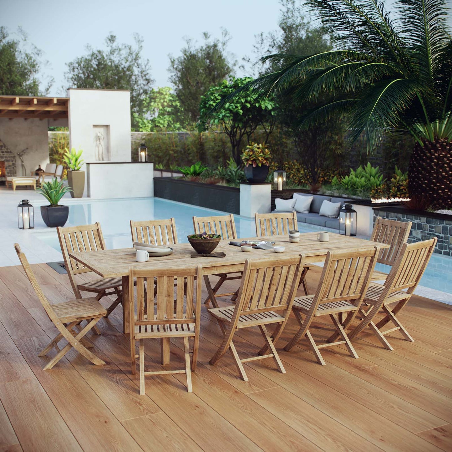 Juego de comedor de teca para patio al aire libre Marina de 11 piezas de Modway