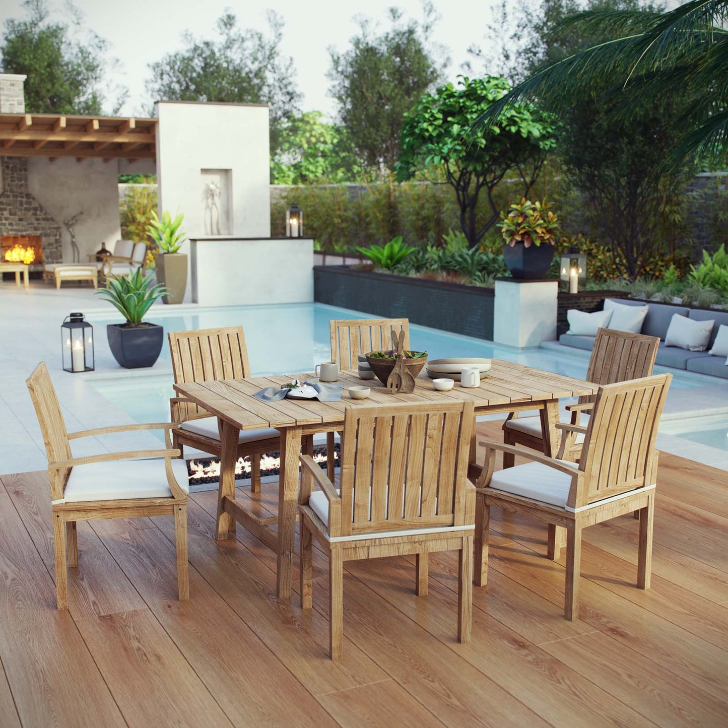 Juego de comedor de teca para patio al aire libre Marina de 7 piezas de Modway