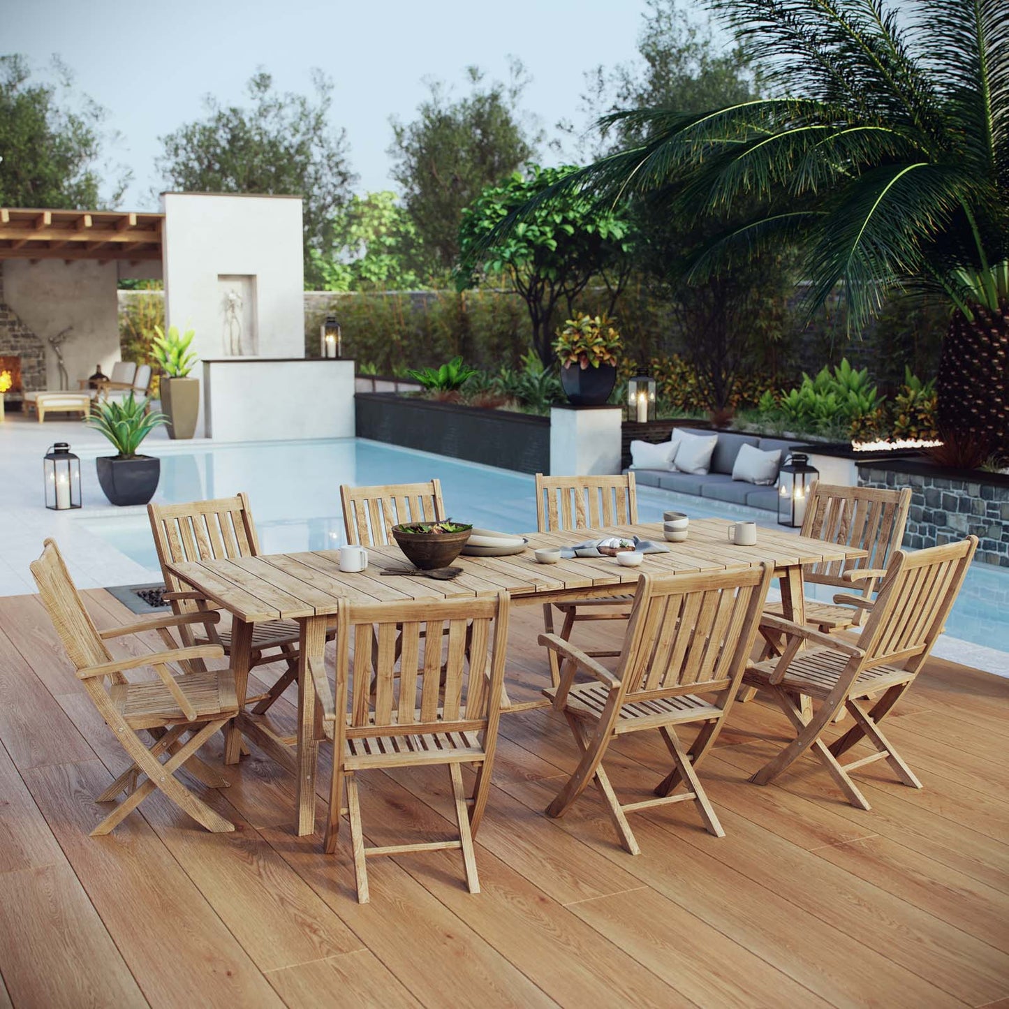 Juego de comedor de teca para patio al aire libre Marina de 9 piezas de Modway