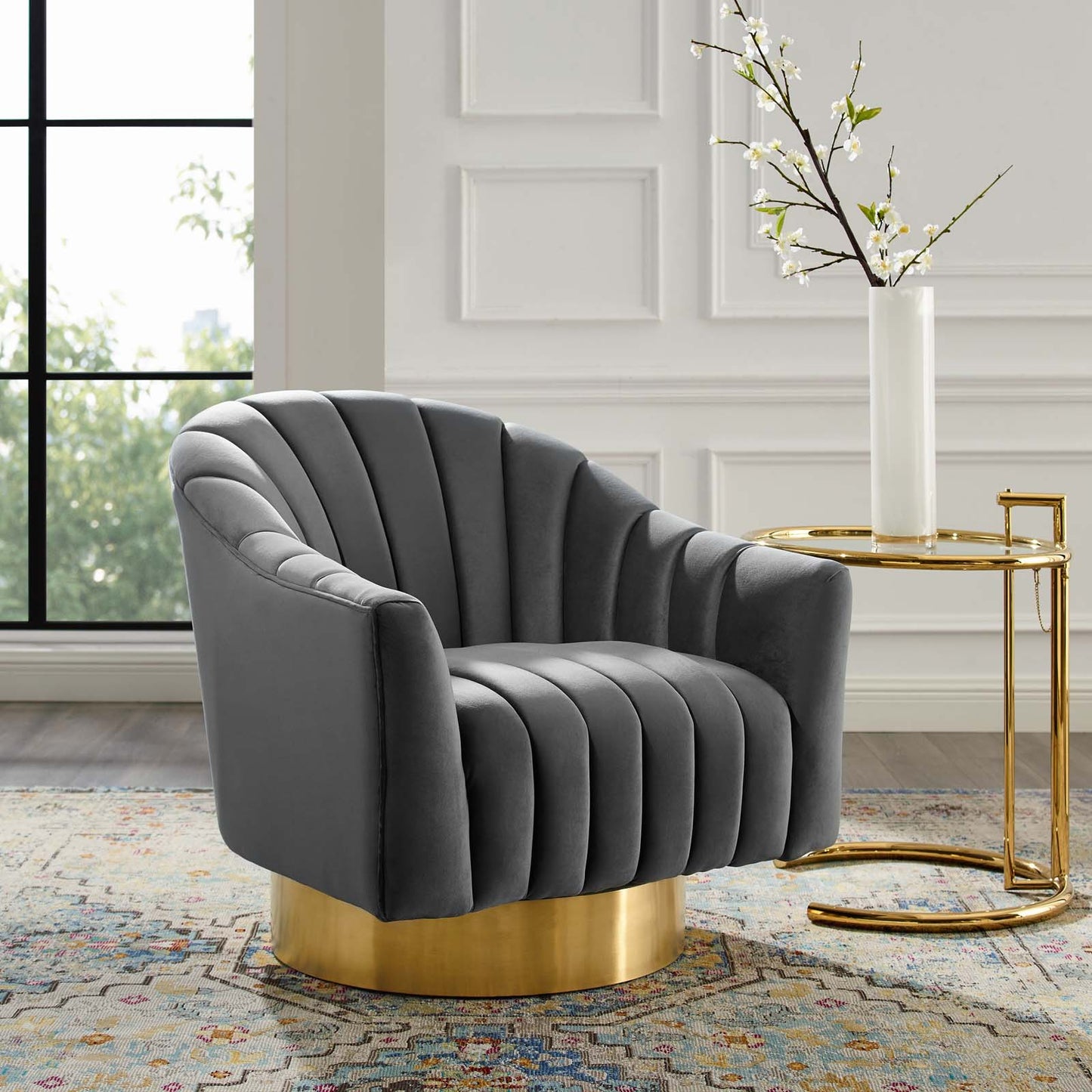 Buoyant Vertical Channel Tufted Accent Lounge Performance Velvet Swivel Chair