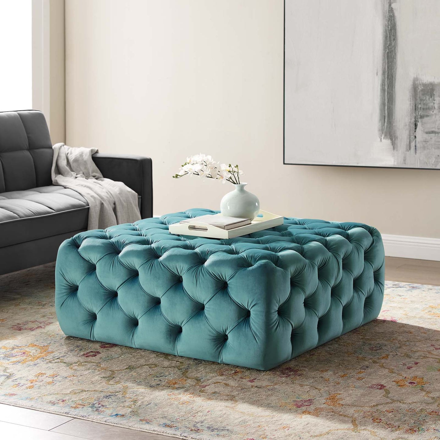 Amour Tufted Button Large Square Performance Velvet Ottoman