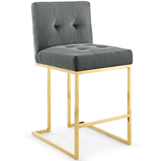 Tabouret de bar en velours performant en acier inoxydable doré Privy par Modway