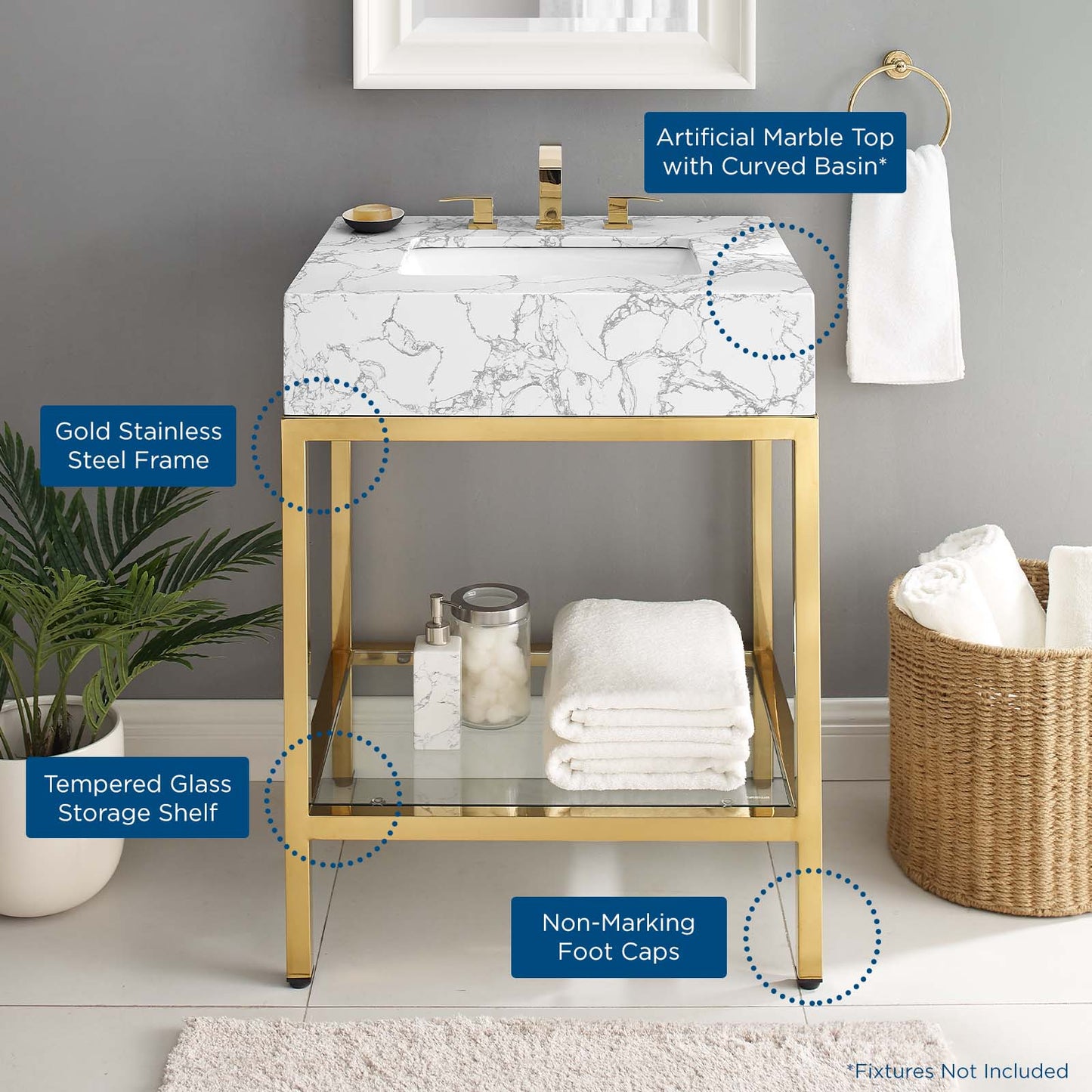 Kingsley 26" Gold Stainless Steel Bathroom Vanity