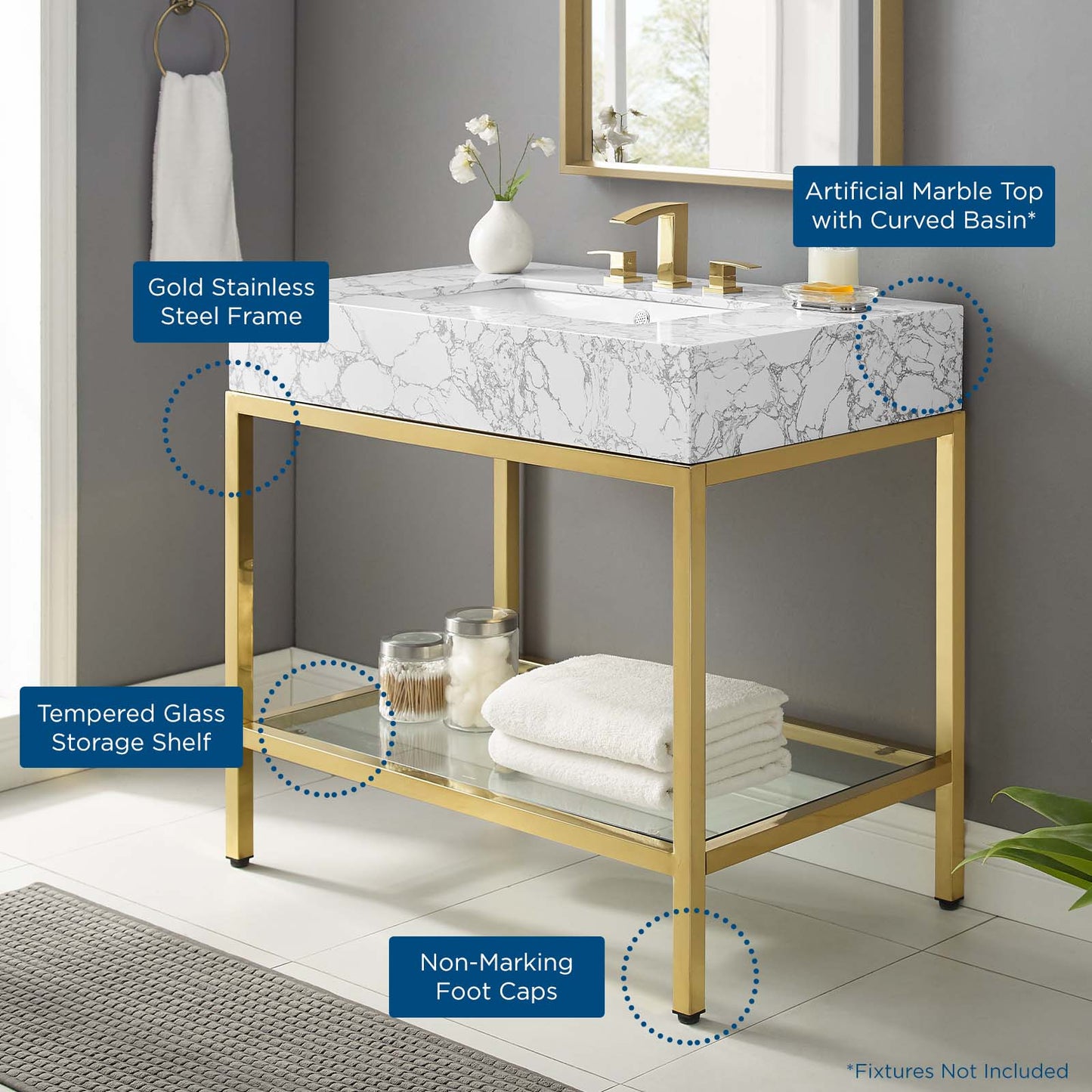 Kingsley 36" Gold Stainless Steel Bathroom Vanity