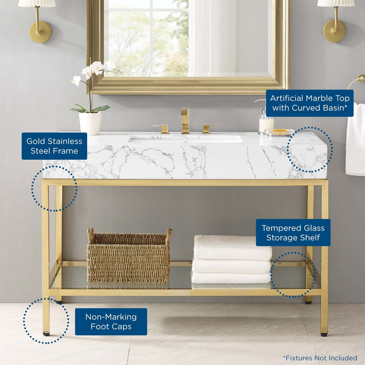 Kingsley 50" Gold Stainless Steel Bathroom Vanity