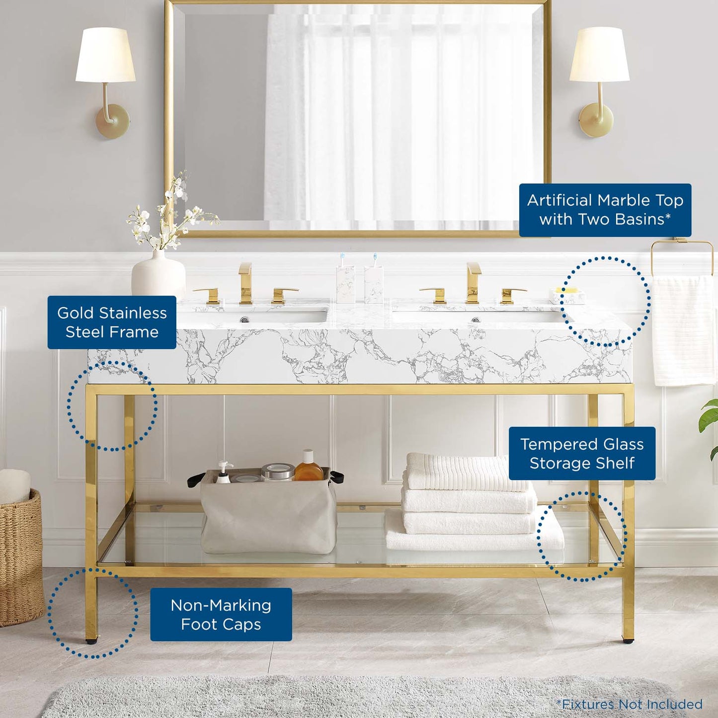 Kingsley 60" Gold Stainless Steel Bathroom Vanity