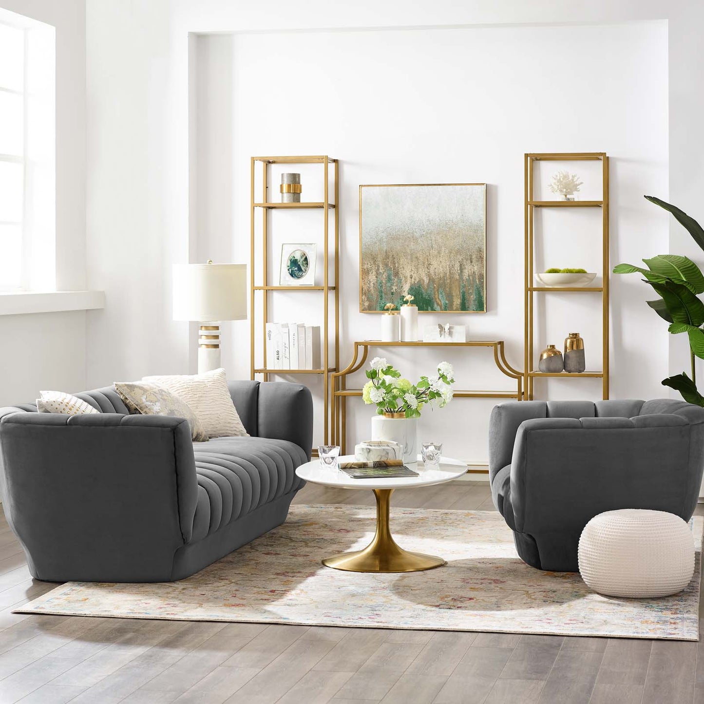 Conjunto de sofá y sillón de terciopelo con mechones verticales de alto rendimiento de Modway